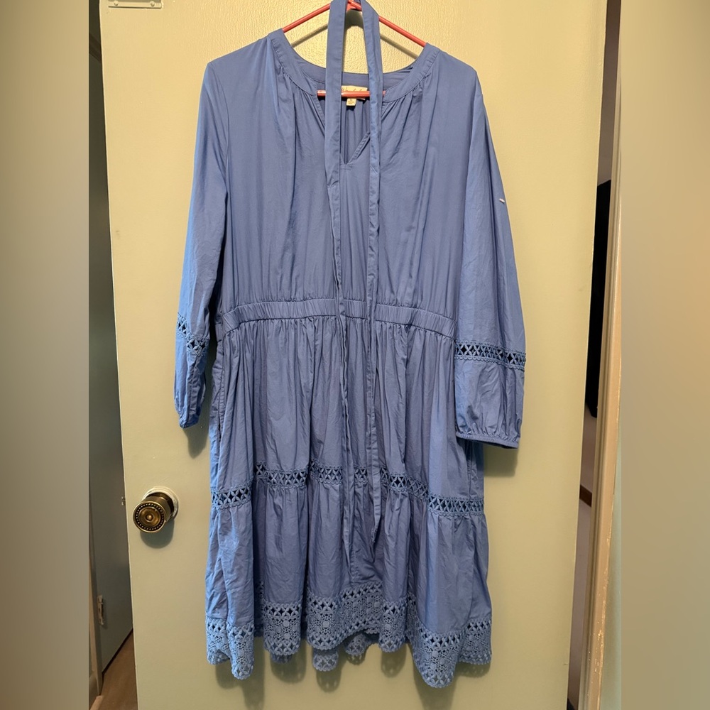 Blue Long Sleeve Dress with Lace Eyelet Details